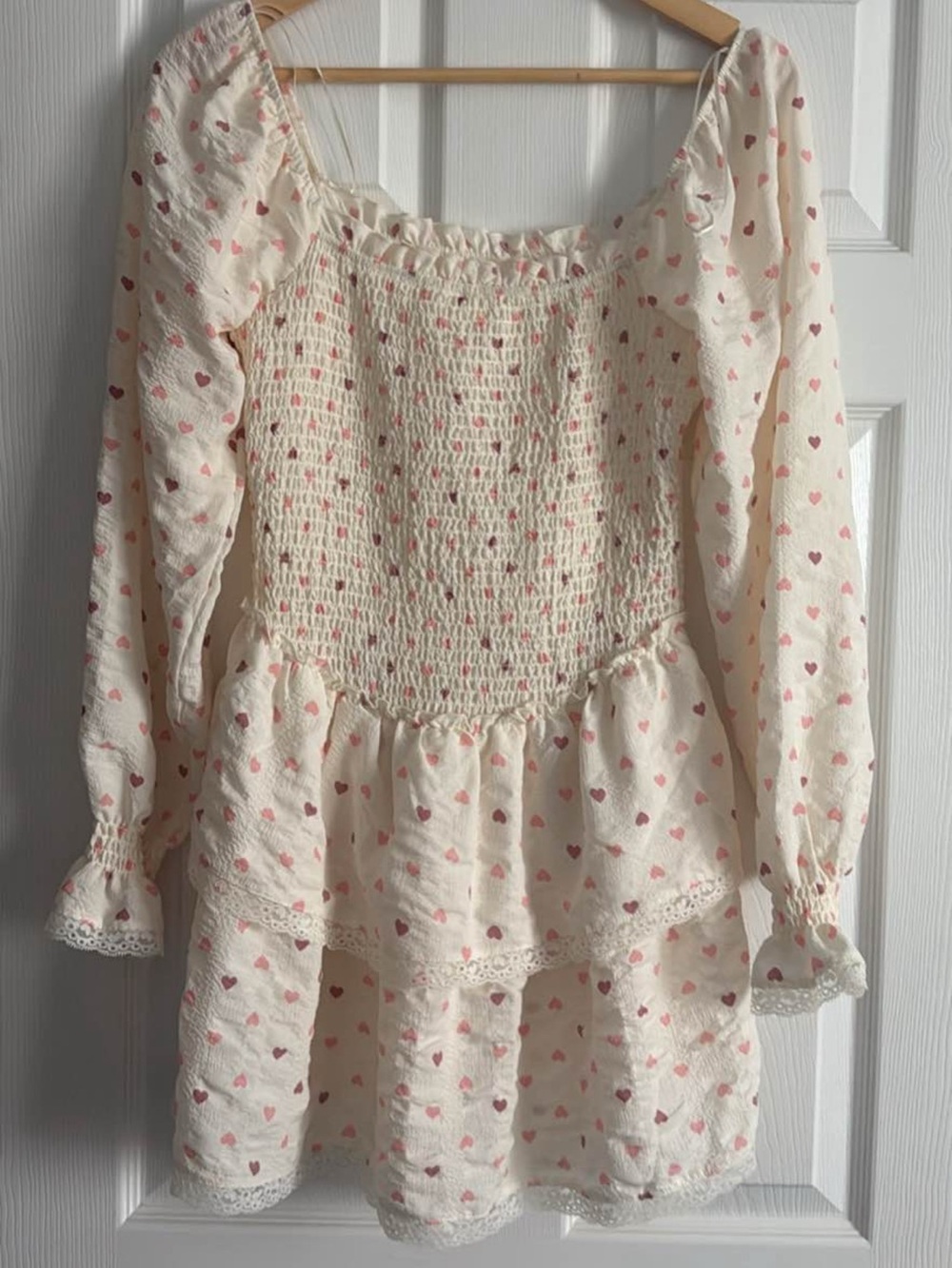 Cream Mini Dress with Pink Heart Smocked Bodice